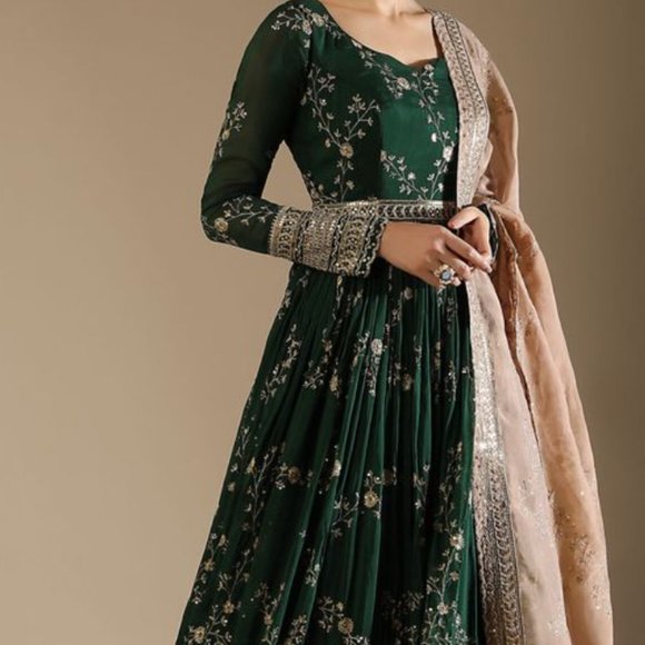 Bottle Green Anarkali Suit Set With Zari Embellishments & Organza Dupatta
